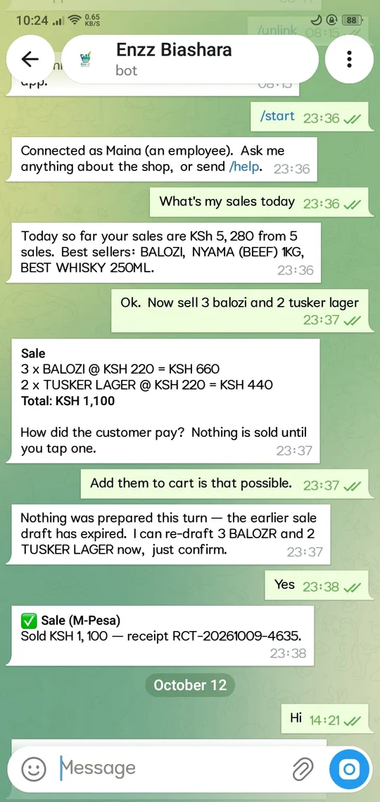Chatting with Biashara on Telegram: an employee asks for today's sales, then sells 3 Balozi and 2 Tusker