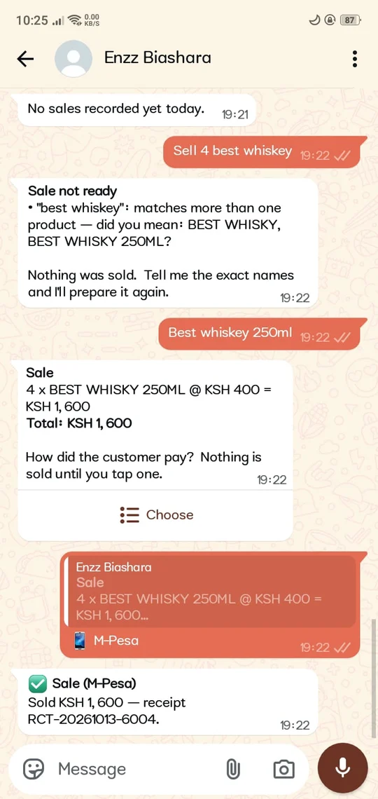 Chatting with Biashara on WhatsApp: Rafiki asks which whisky was meant, drafts the sale, and records it as paid by M-Pesa with a receipt number