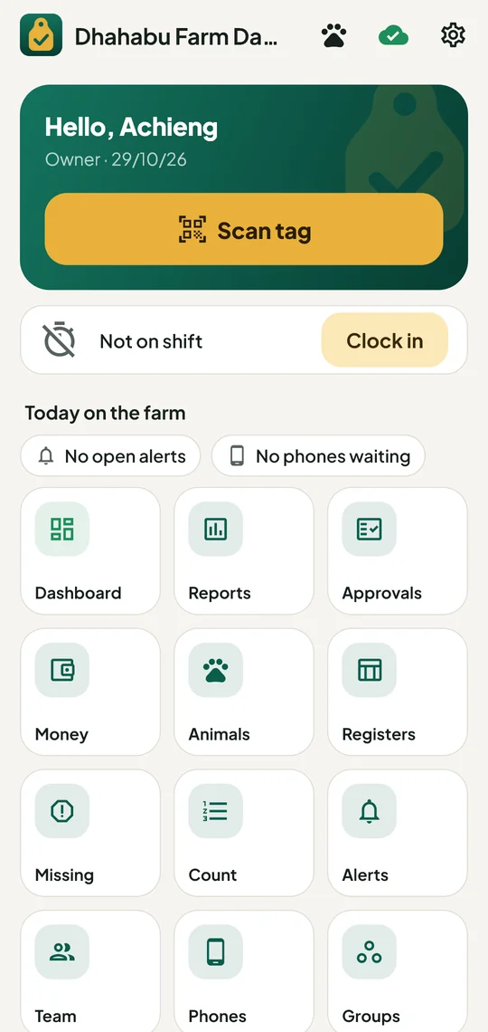FarmTrack home screen for a farm owner: scan tag, today on the farm, and the owner's tiles