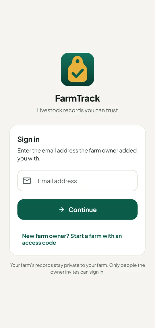 Signing in to FarmTrack with an emailed code or Google