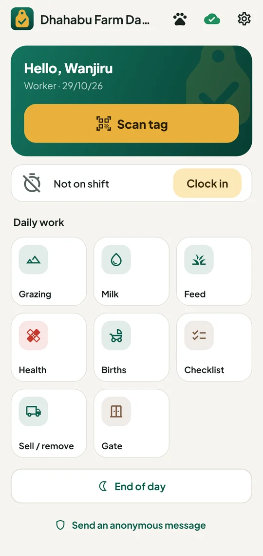 FarmTrack home screen for a worker: scan tag, clock in, and the day's jobs