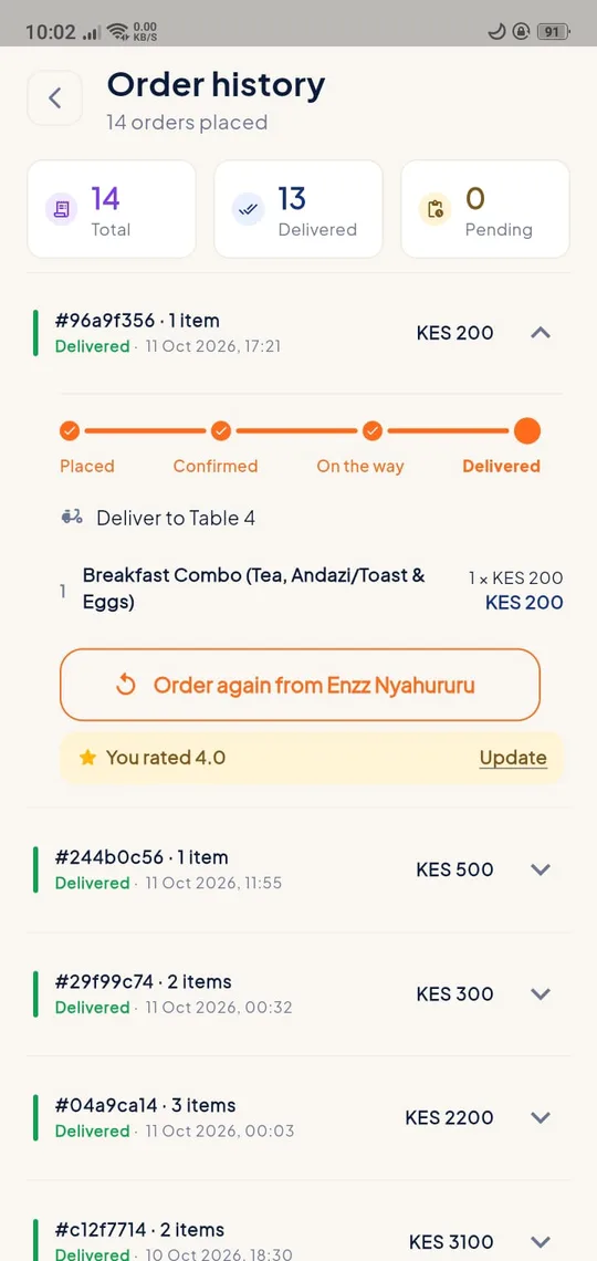 Order history with a delivered order and its status timeline