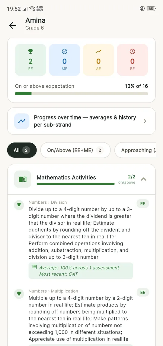 A learner's competency progress in Taalo